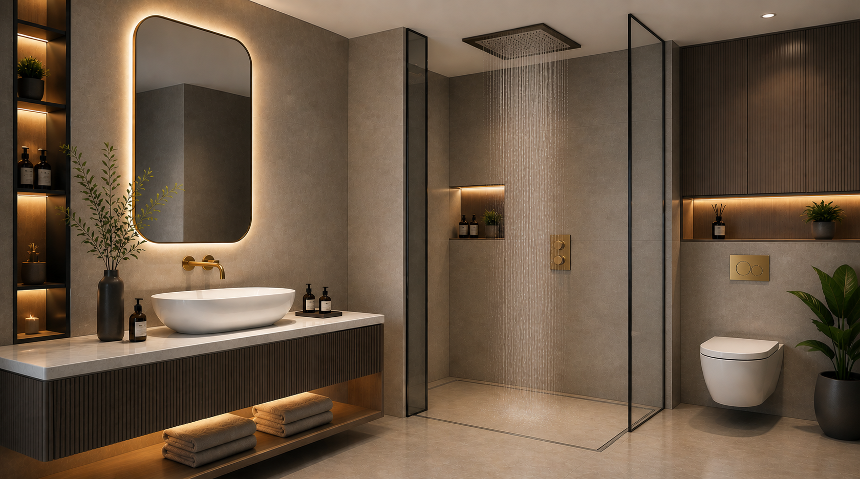 Modern bathroom fittings with table top basin, wall-mounted toilet, and ceiling shower system in a luxury bathroom interior